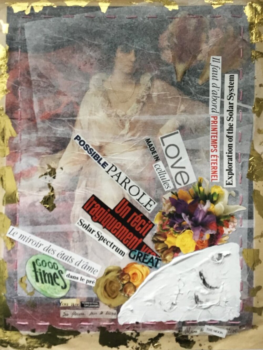 Collage on reproduction mounted on silk and butcher's papers 13 1/2 X 10 1/2inch